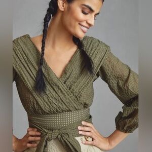 Maeve Anthropologie Crop Deep-V Blouse Waist Tie Green Women's Size 12
